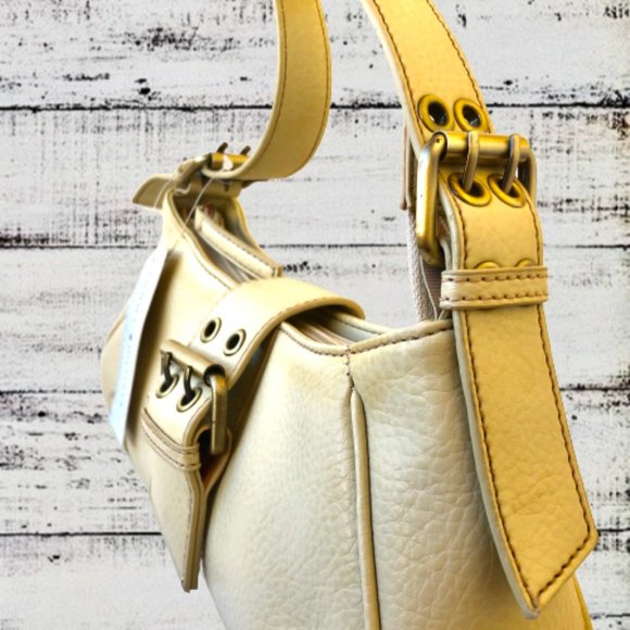 Tommy Hilfiger Y2K Eggshell Pebbled Leather Handbag Logo Zip & Buckle - Picture 10 of 15